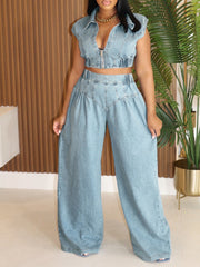 Casual Sleeveless Denim Zip-Up Top And Wide Pants Sets