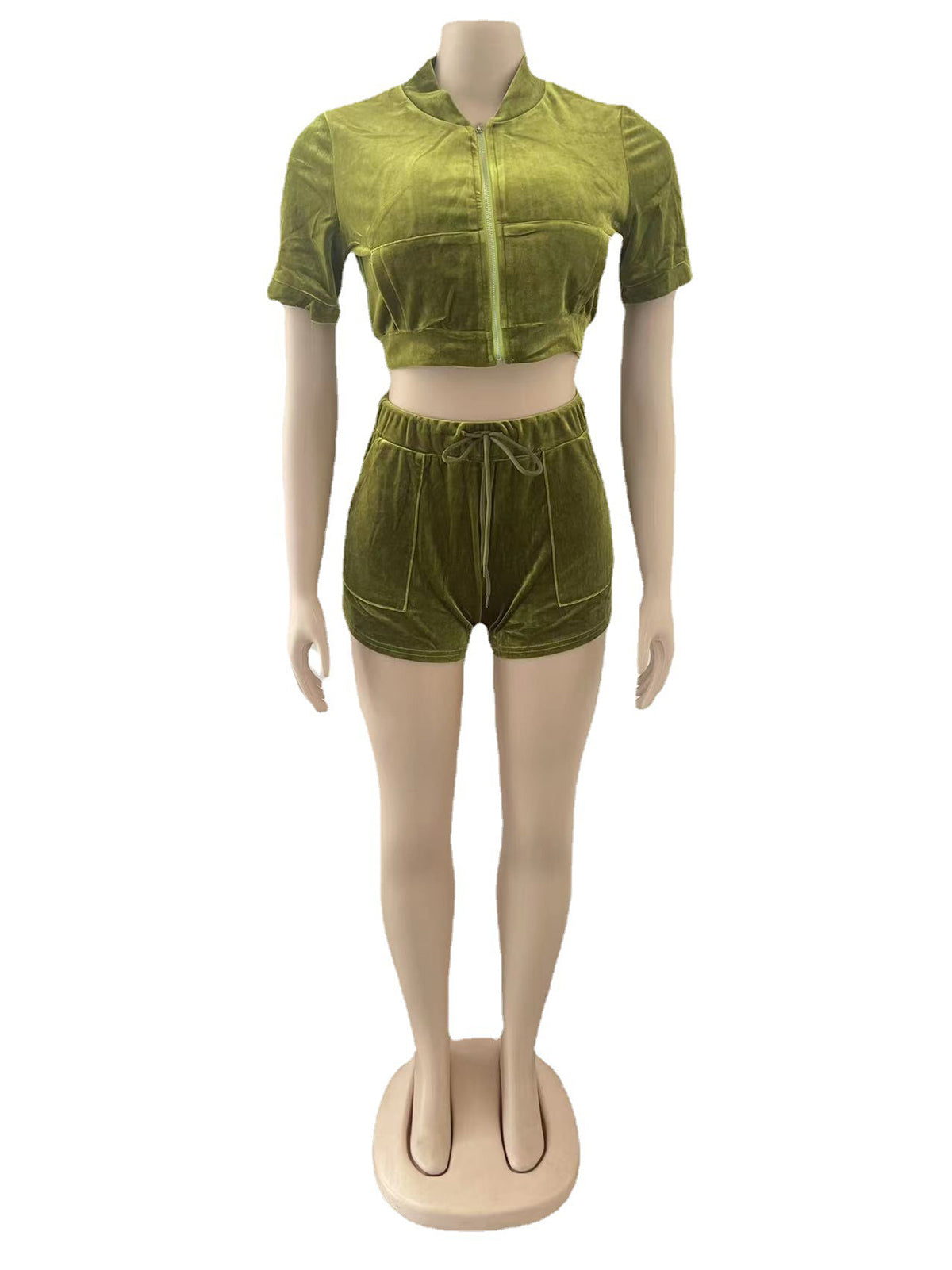 Velvet Zip-up Crop Top Shorts Jogging Two Piece Set
