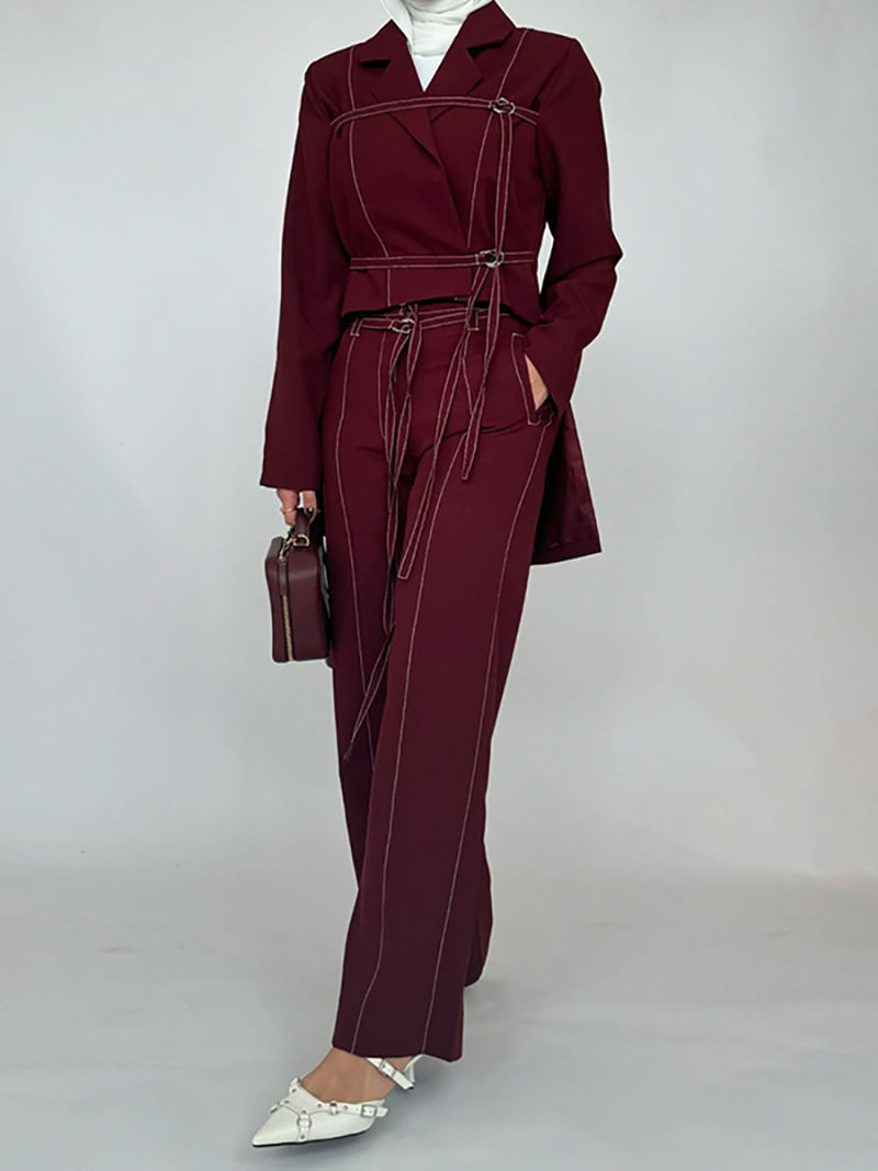 Fashion Lace-up Top High-waist Trousers Set