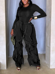 Fitted Top and Ruffle Trim Wide Leg Pants Set