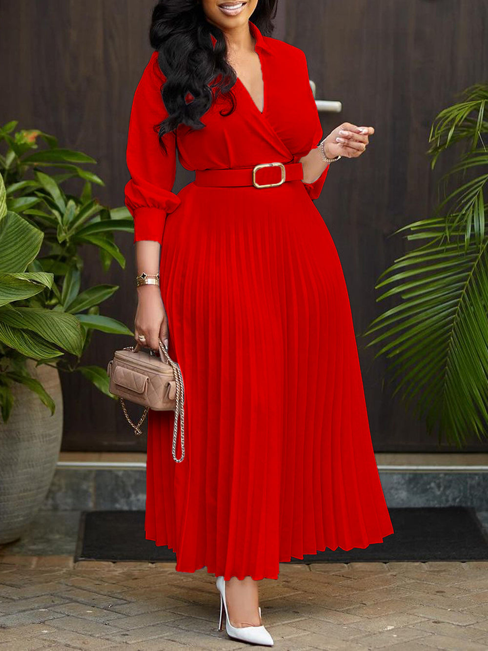 Elegant V-Neck Commuting Slim Pleated Dress