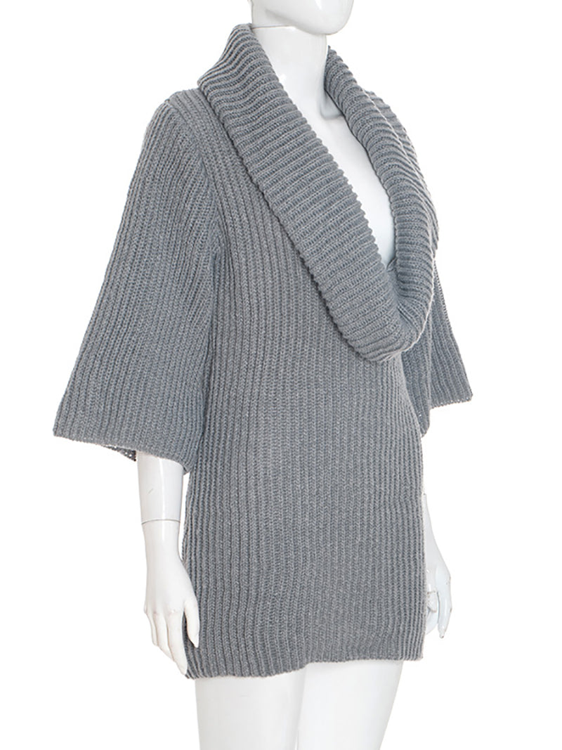 Sexy Solid Turn-down Collar knit Loose Mini Dress