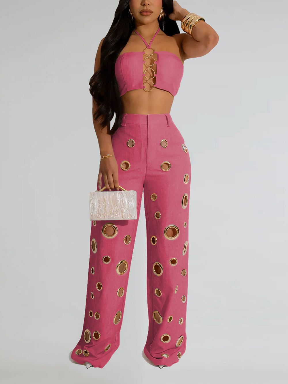 Sexy Backless Crop Top and Wide Leg Pants 2-Piece Sets