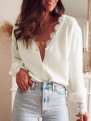 Fashion V-Neck Lace Patchwork Knit Cardigan