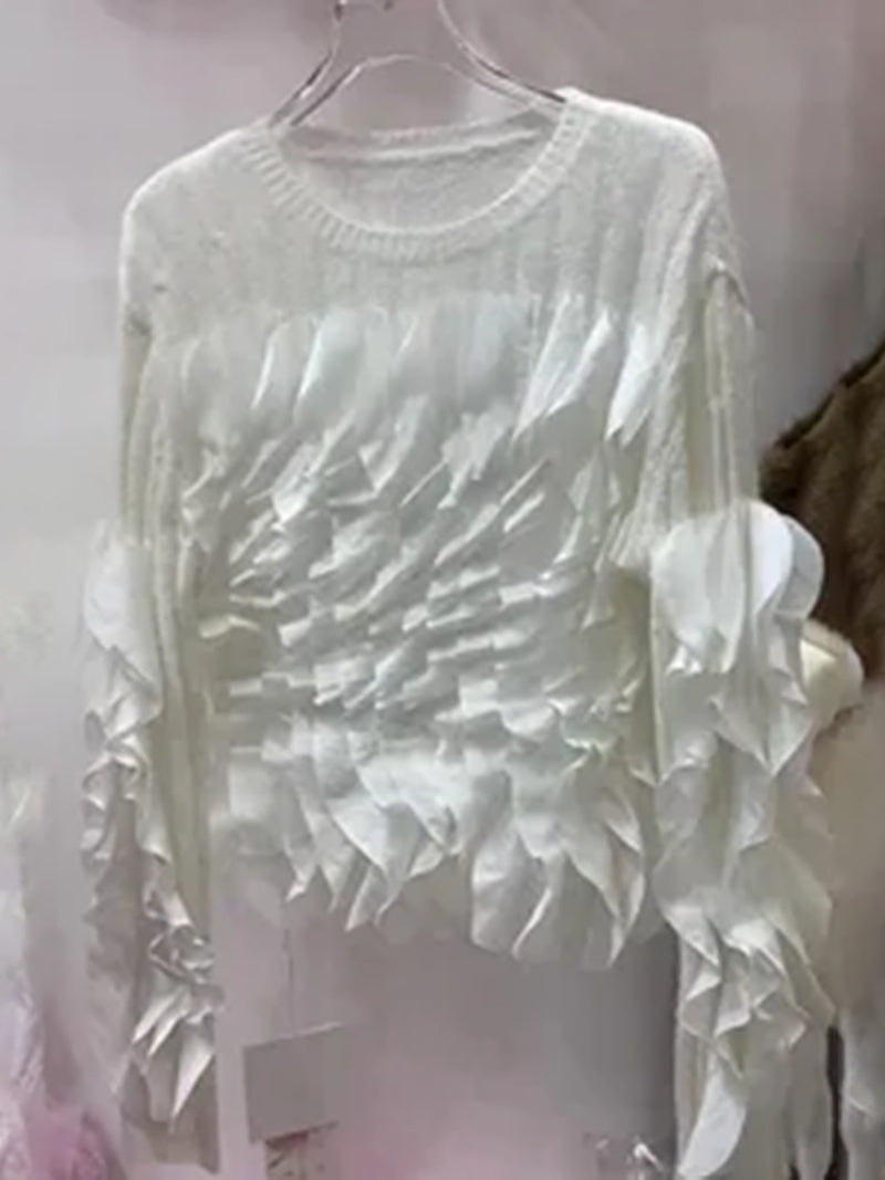 Fashion Patchwork Ruffle Slim Knit Pullover