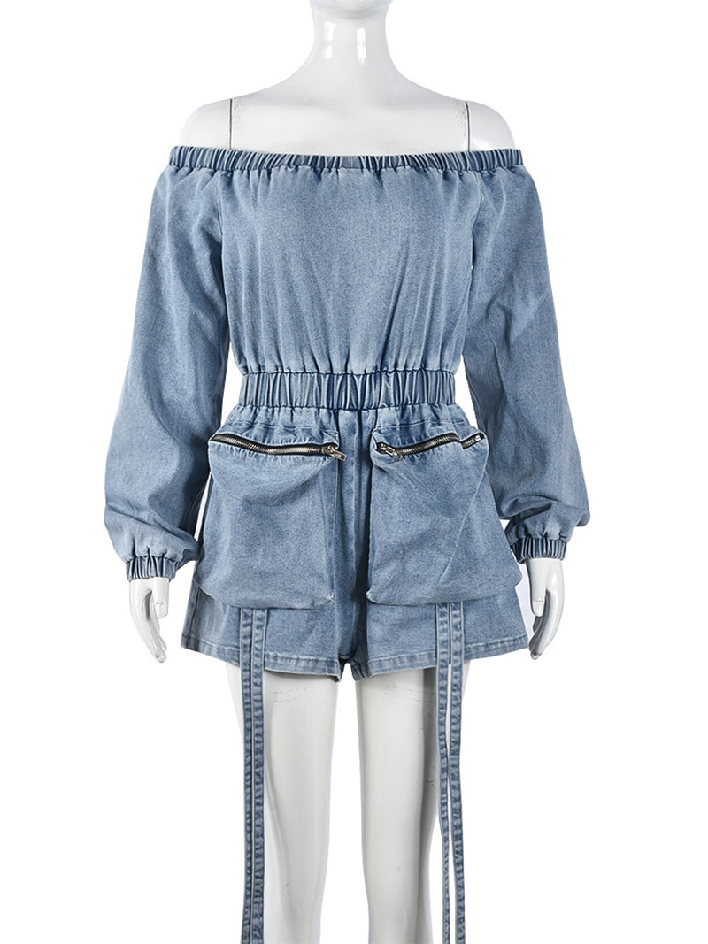 Fashion Off Shoulder Elastic Waist Denim Romper