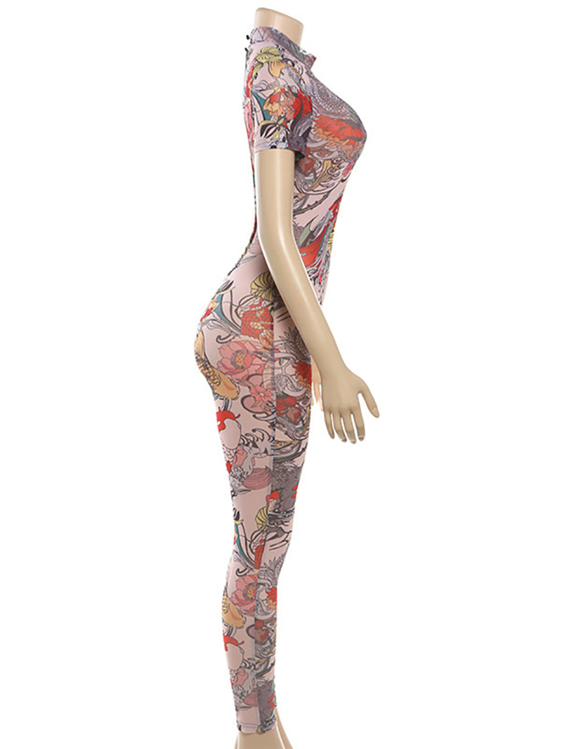 Sexy Print See Through Mesh Bodycon Jumpsuit