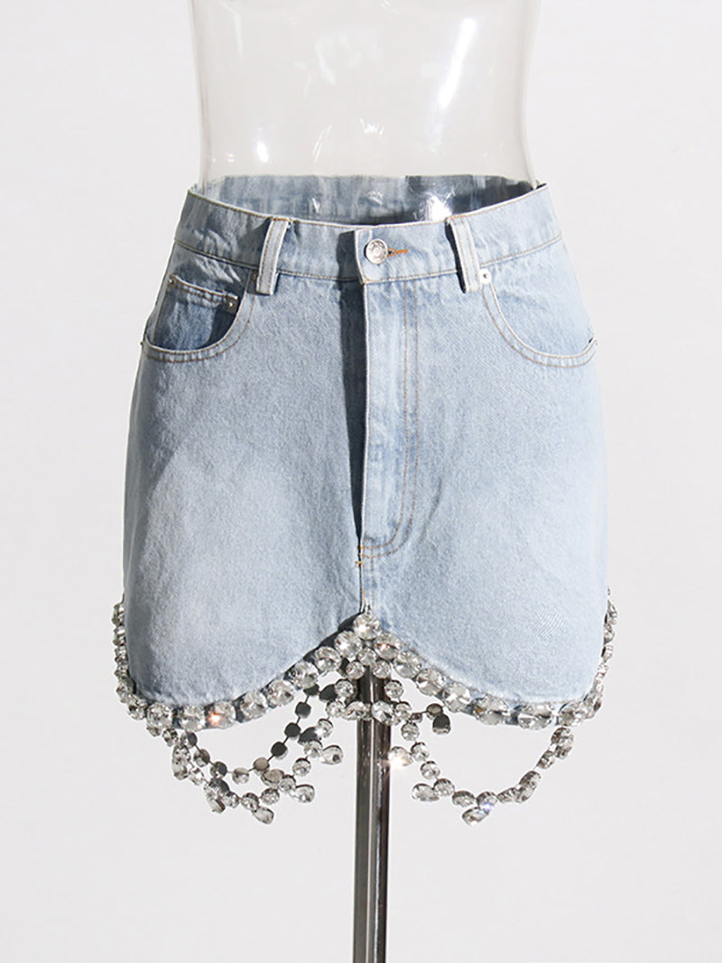 Fashion Rhinestone Chain Denim Skirts