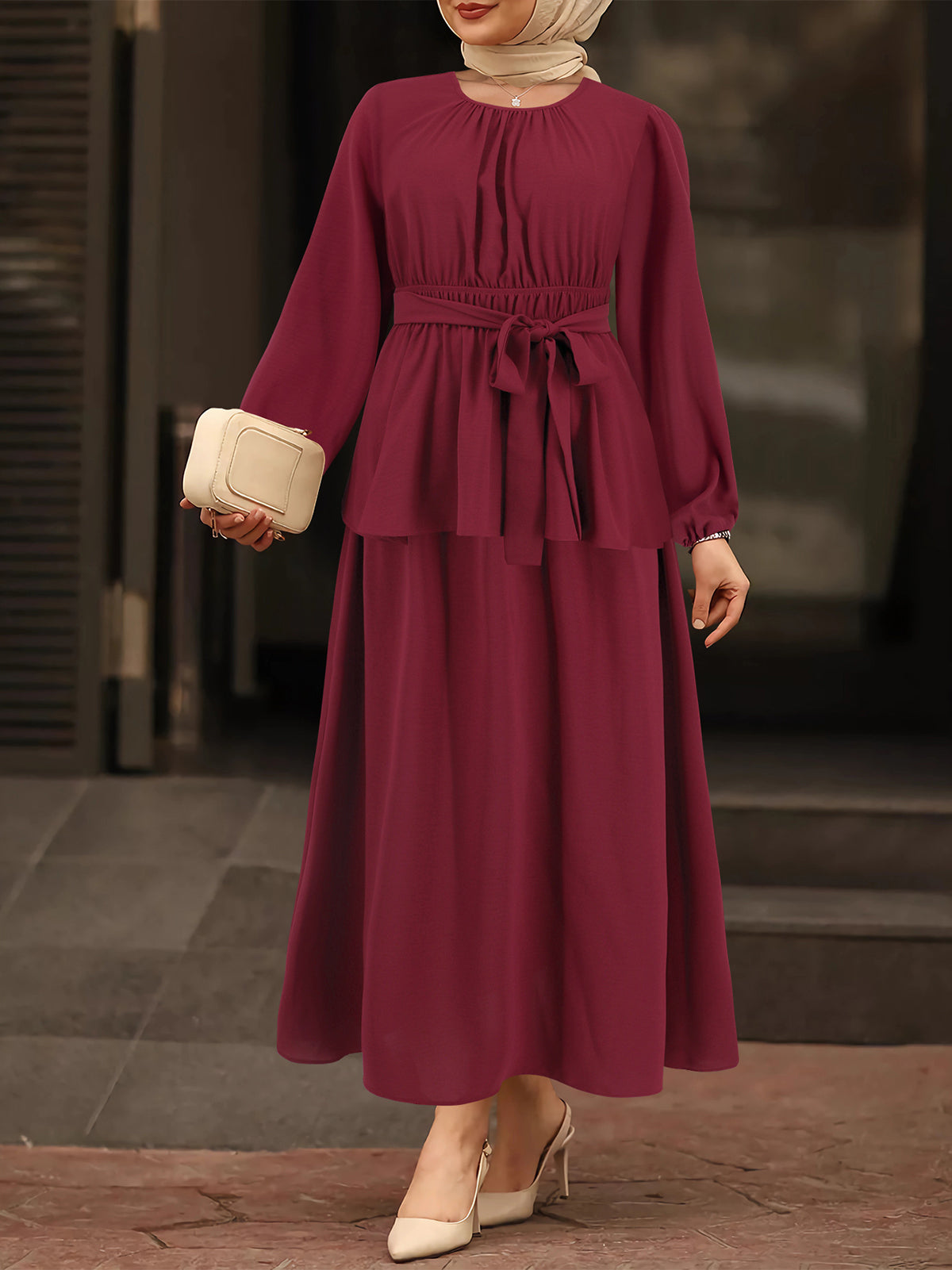 Solid Color Muslim Long Sleeve Midi Skirt Two Piece Set