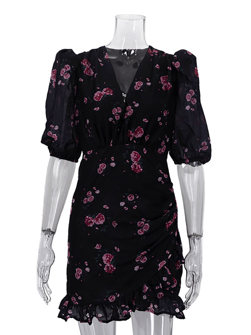 Fashion V Neck Floral Print Ruched Mini Dress