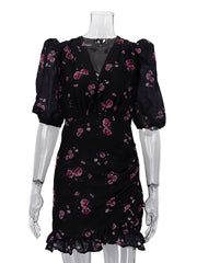 Fashion V Neck Floral Print Ruched Mini Dress