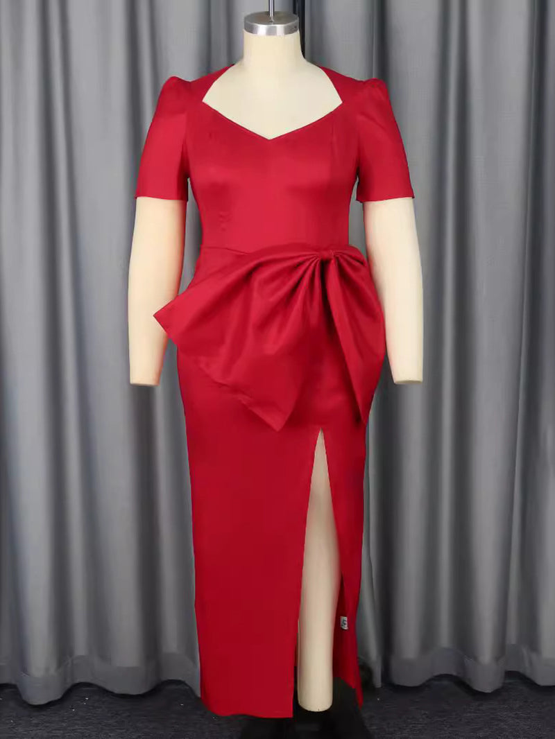 V Neck Short Sleeves High Slit Large Bowtie Dress