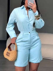 Casual Button Down Long Sleeve Shirt And Shorts Sets