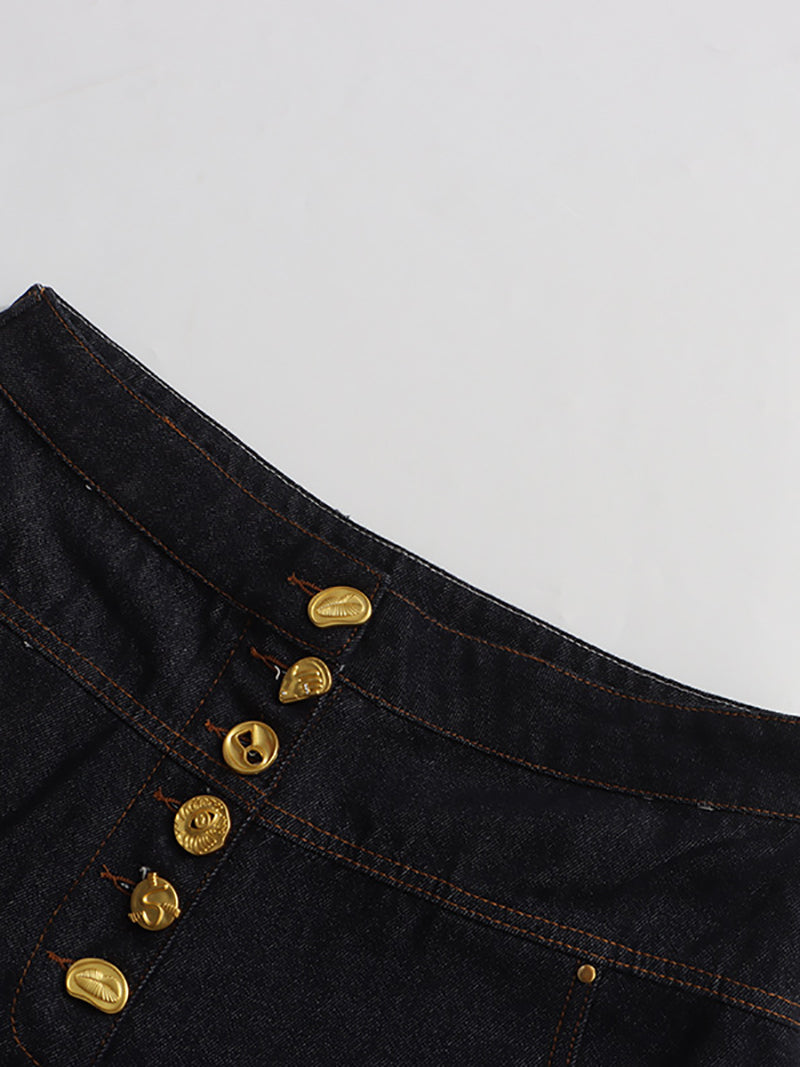 Solid Spliced Button High Waist Straight Jeans