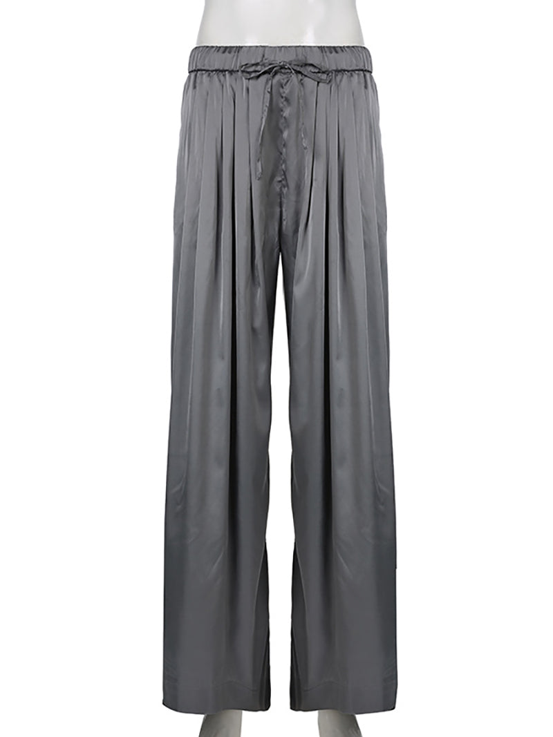 High Rise Plain Satin Loose-Fit Wide-Leg Pants