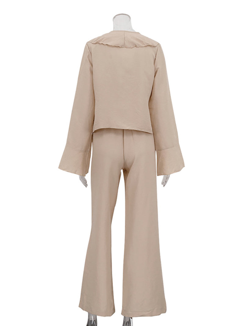 Casual V-Neck Ruffles Lace-up Shirt Wide Leg Pants Sets