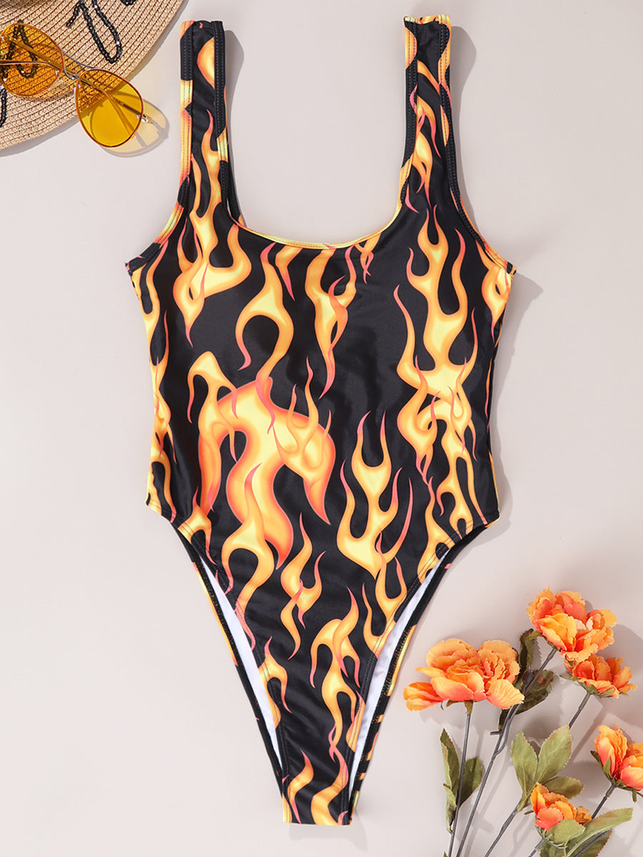 One Piece Print High Cut Bodysuit Bikini Swimwear