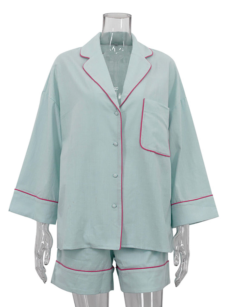 Casual Lapel Nightwear Shorts Cotton Sleepwear Suit
