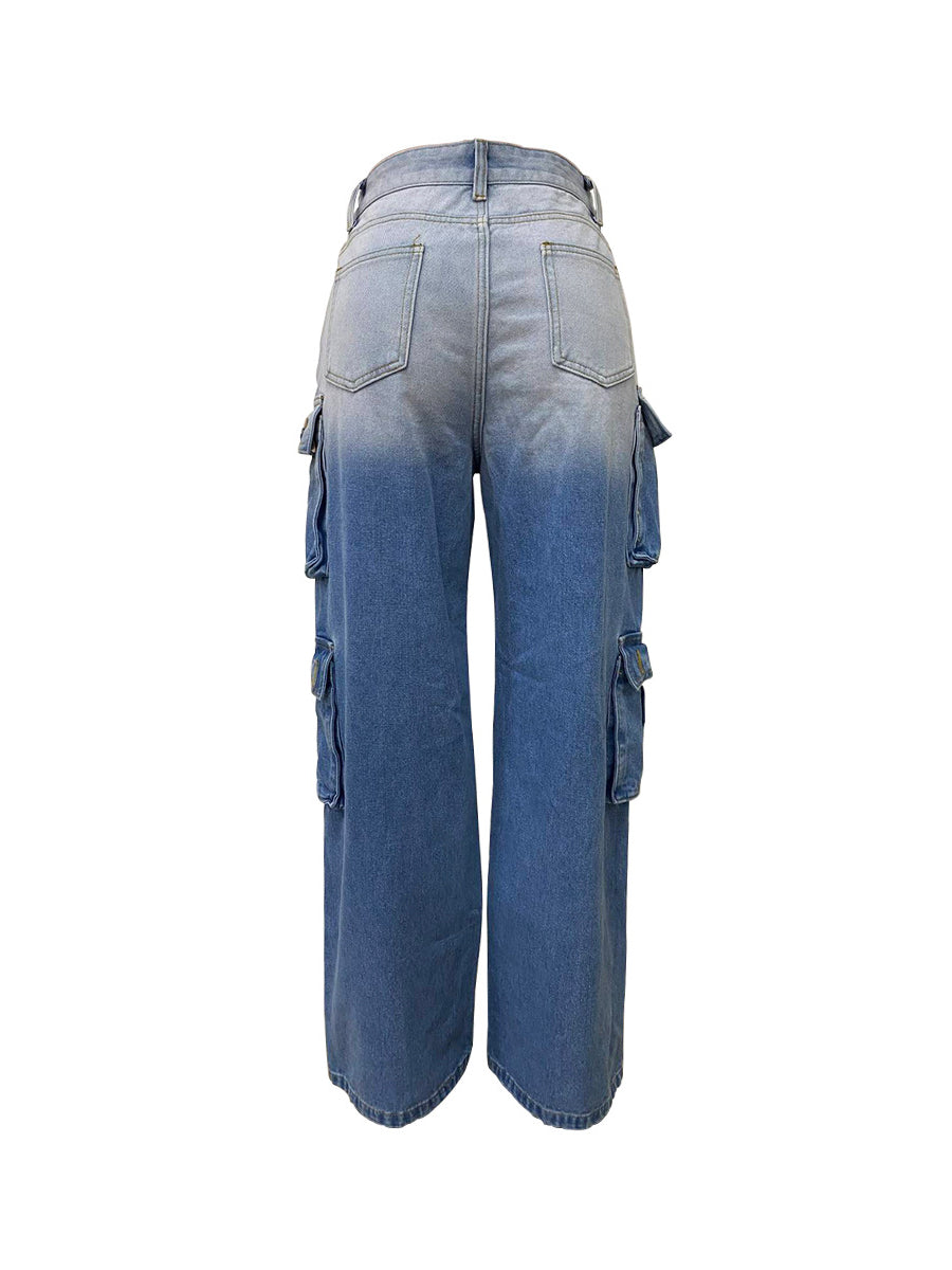 Fashion Gradient Color Cargo Straight Jeans