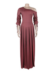 Slash Shoulder Pleated Long Sleeve Maxi Dress