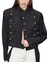 Military Button Stand Collar Crop Jacket-boutique