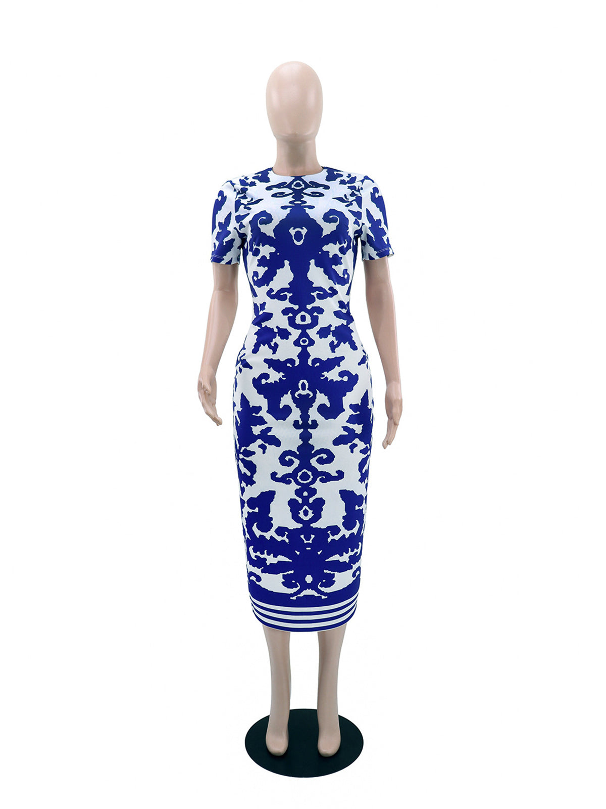 Elegant Round Collar Print Bodycon Maxi Dress