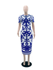 Elegant Round Collar Print Bodycon Maxi Dress