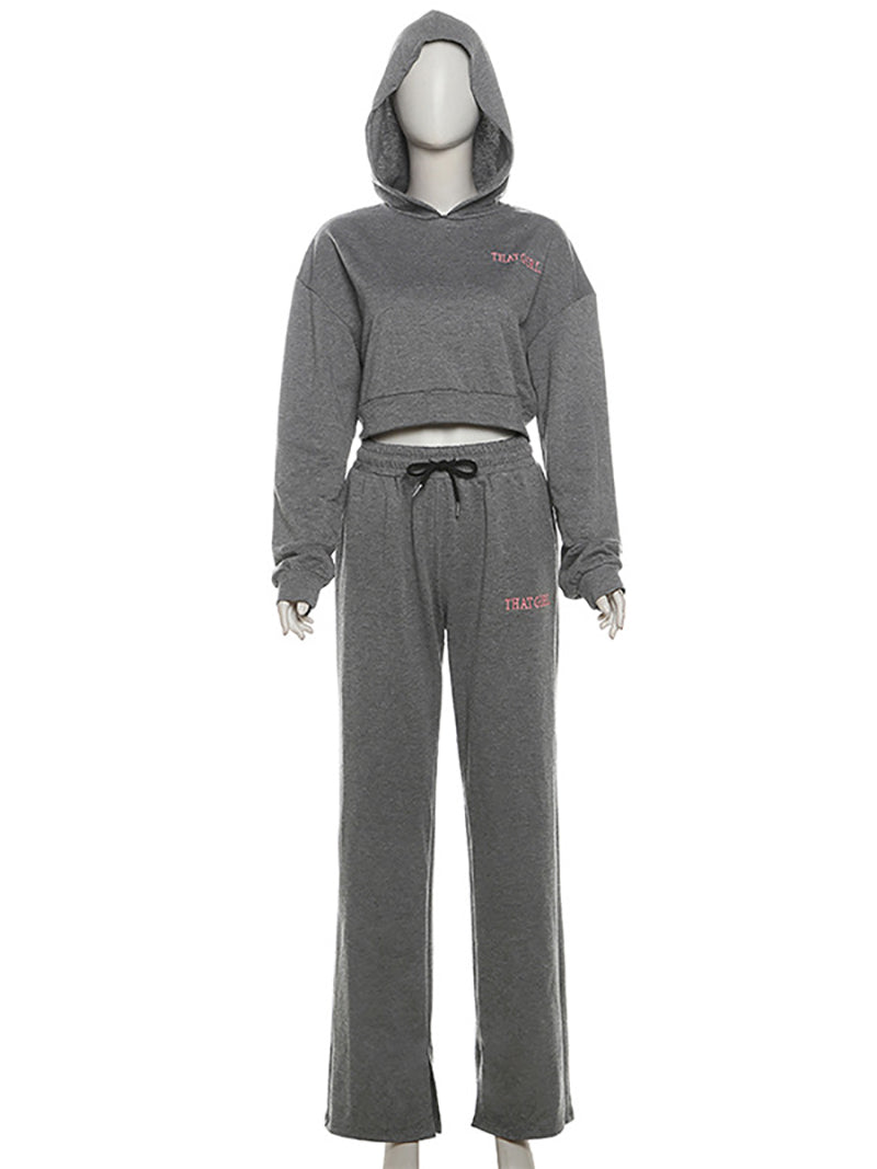 Embroidered Hooded Top High Waist Straight Pants Sets