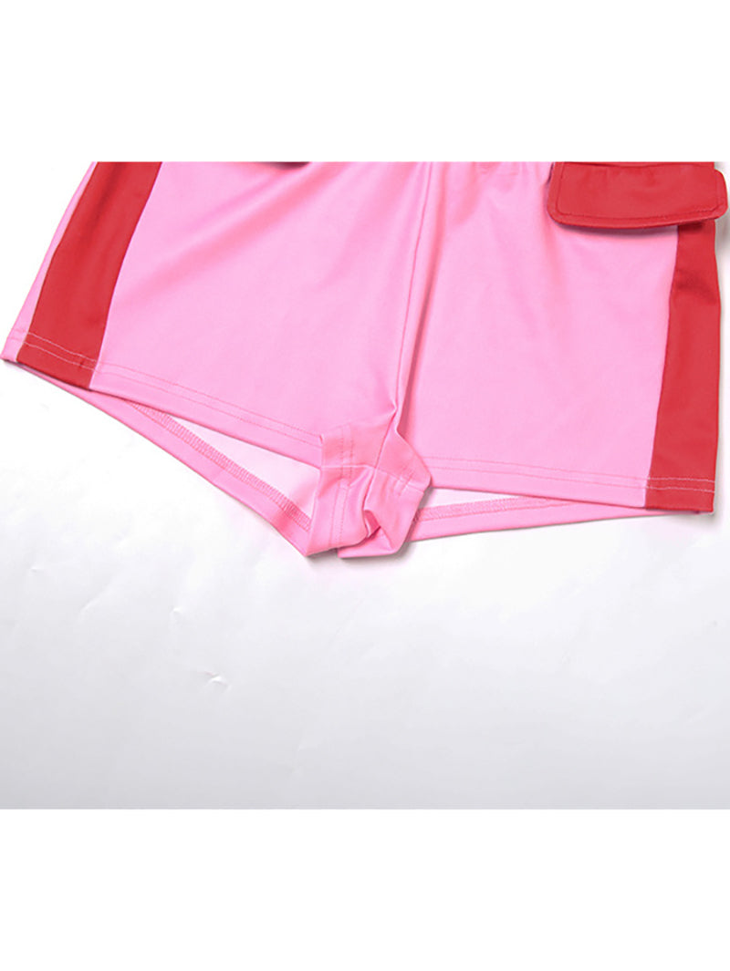 Long Sleeve Color Block Sport Jacket Shorts 2 Piece Set