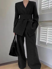 Elegant Blazer with Belt and Wide Leg Pants Suit