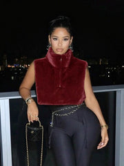 High Neck Zip Front Cropped Faux Fur Vest