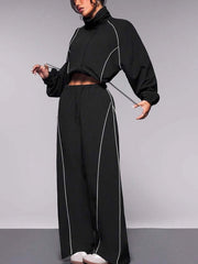 Contrast Piping Cropped Jacket and Wide Leg Pants Set