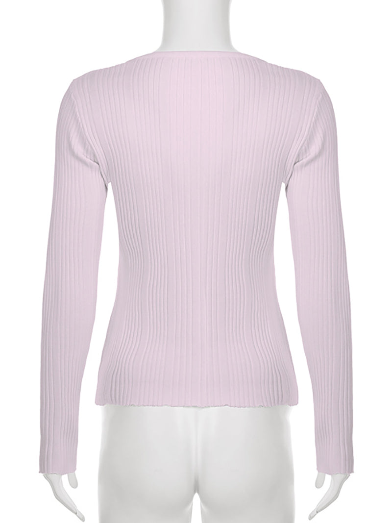 Casual V Neck Rib Knit Long Sleeve Slim T shirt