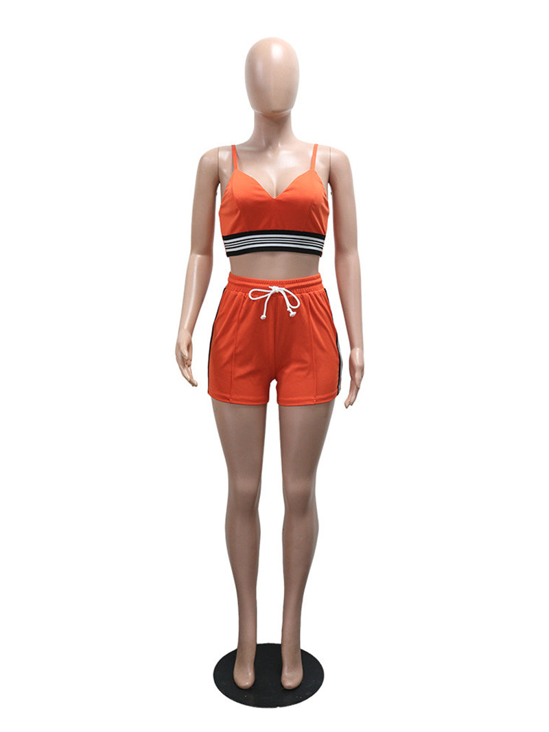 Fashion Patchwork Sling Crop Top Shorts Set