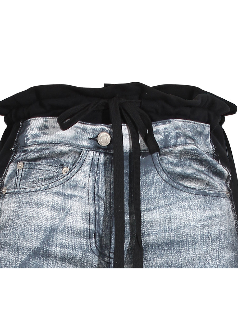 Fashion Denim Print Patchwork Drawstring Long Skirt