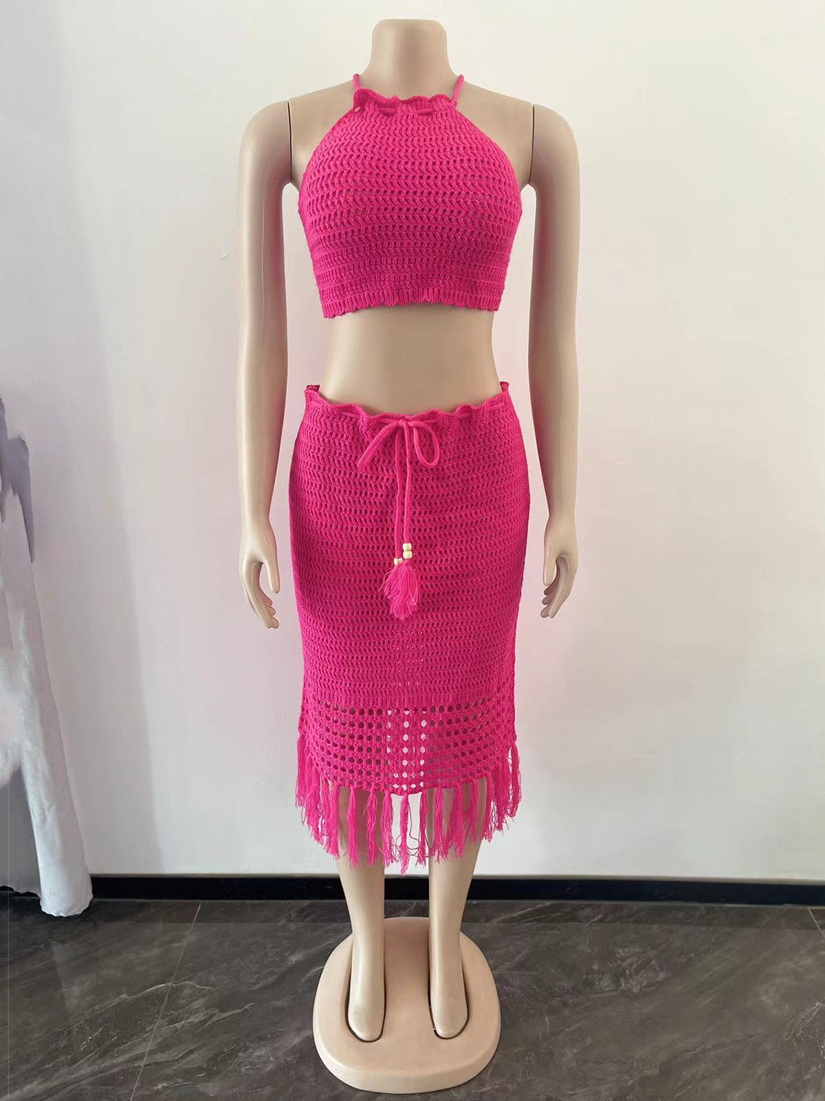 Tassels Fishnet knit Beach Two Piece Set