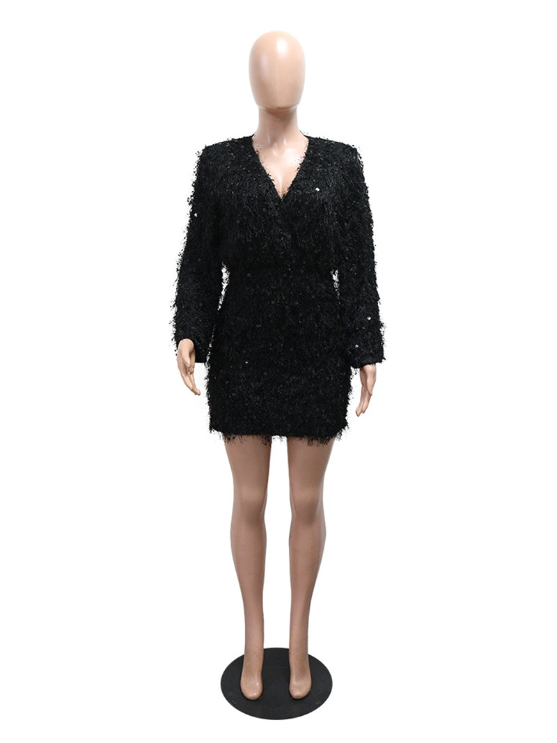 Sexy Deep V Neck Long Sleeve Sequin Mini Dress