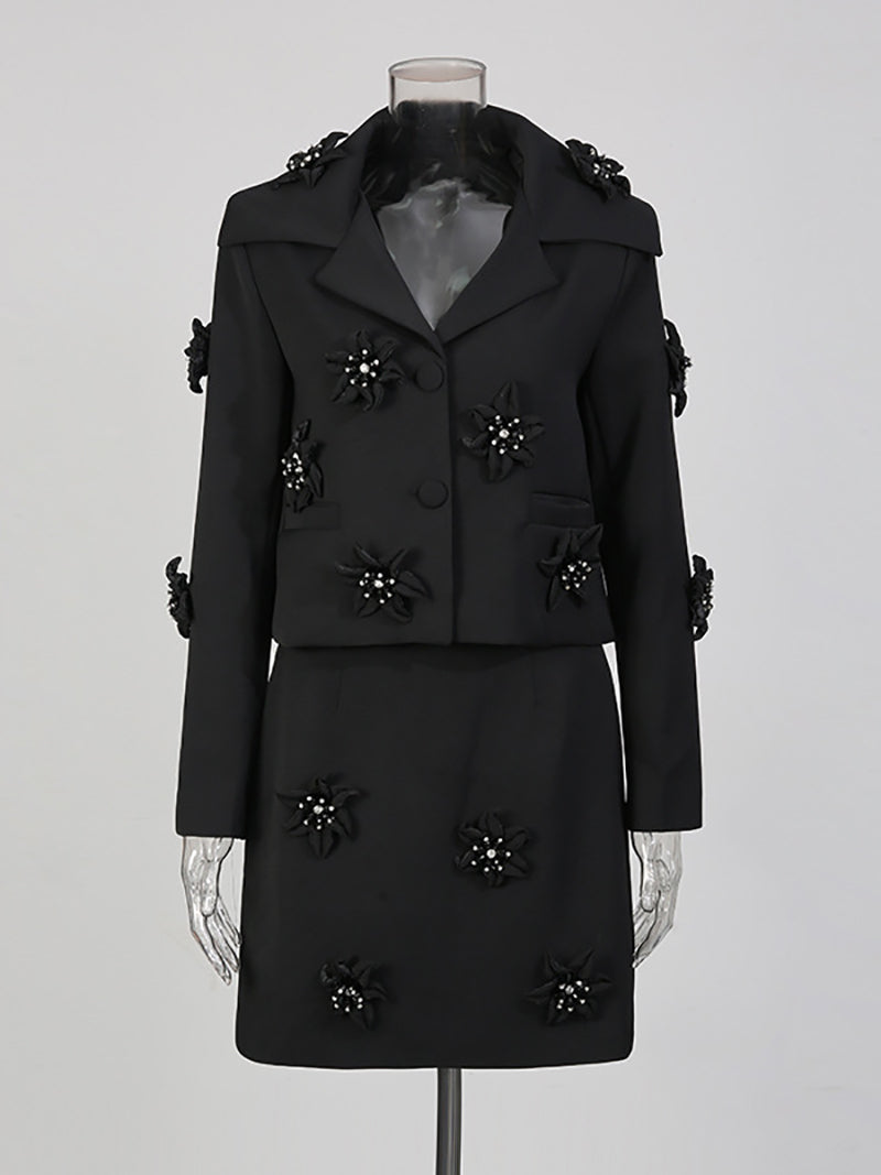 Fashion Flower Embellished Blazer High Waist Skirt Set