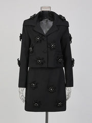 Fashion Flower Embellished Blazer High Waist Skirt Set