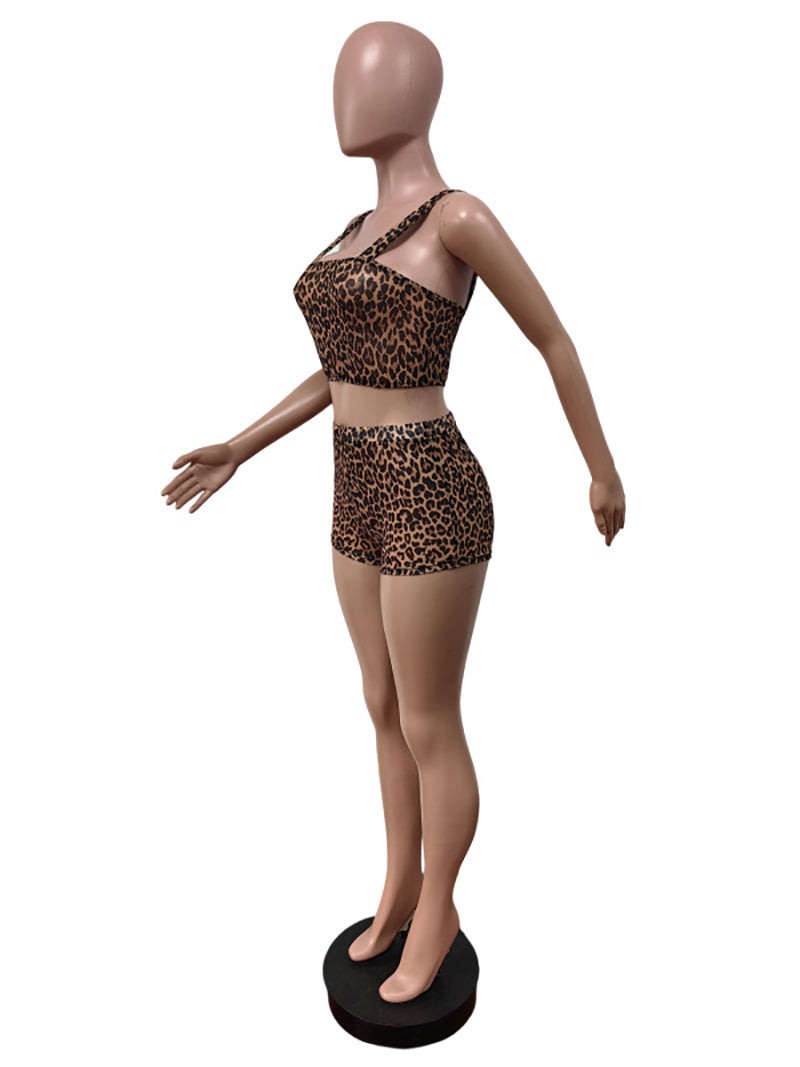 Sexy Leopard Print Sheer Elastic Vest Shorts Club Set