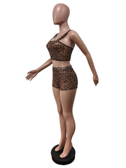 Sexy Leopard Print Sheer Elastic Vest Shorts Club Set