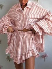 Fashion Plaid Puff Sleeve Ruffle Shirt Shorts Sets