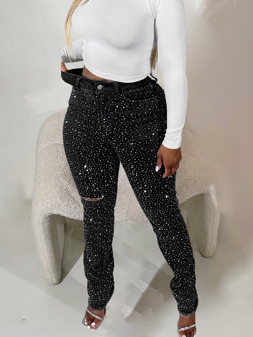 Fashion Rhinestone Slim Ripped Jeans