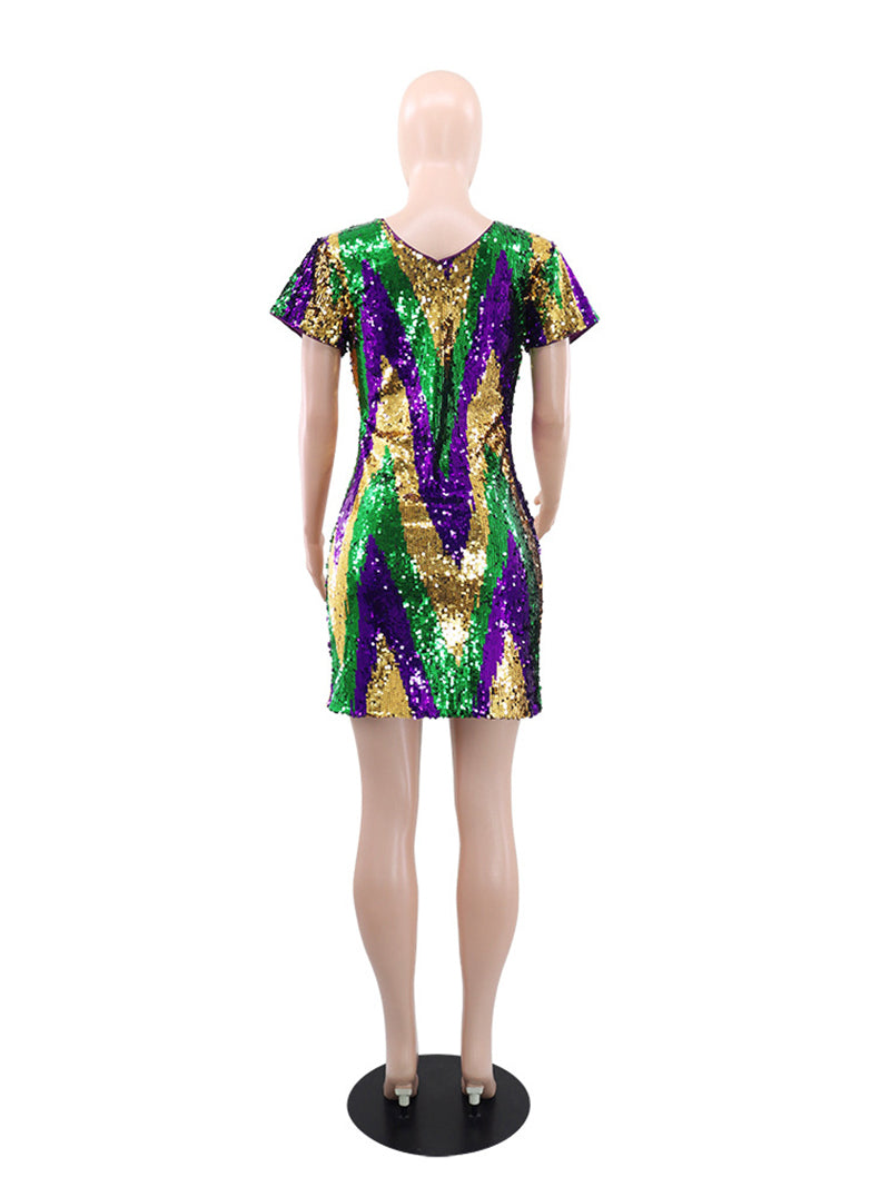 Fashion V Neck Sequin Package Hip Dress