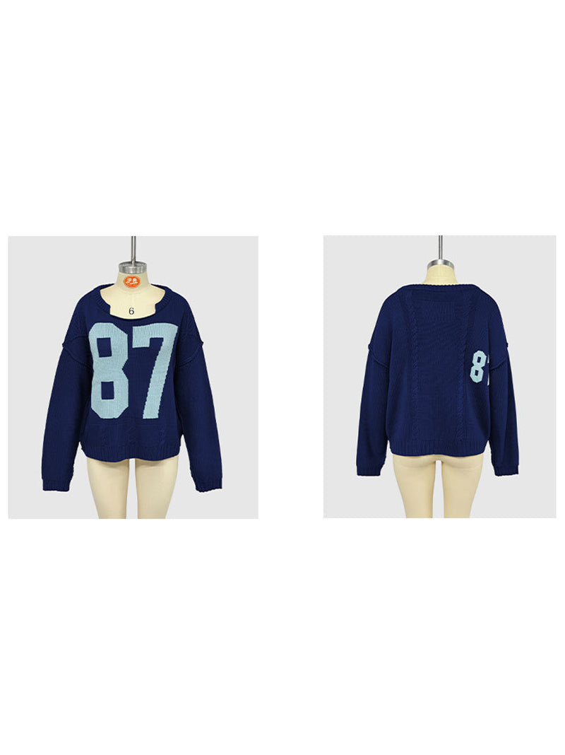 Casual Crew Neck Knit Number Pullover Sweater