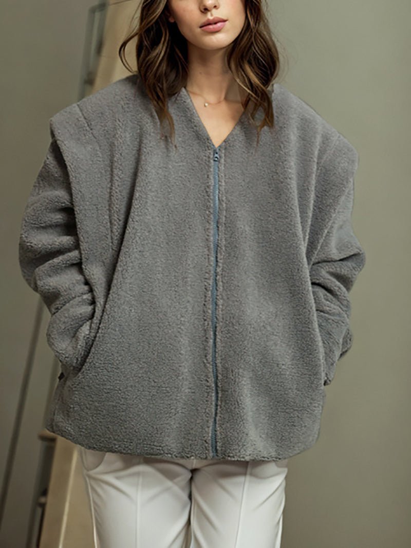 Fluff Lambwool V Neck Loose Zipper Coats