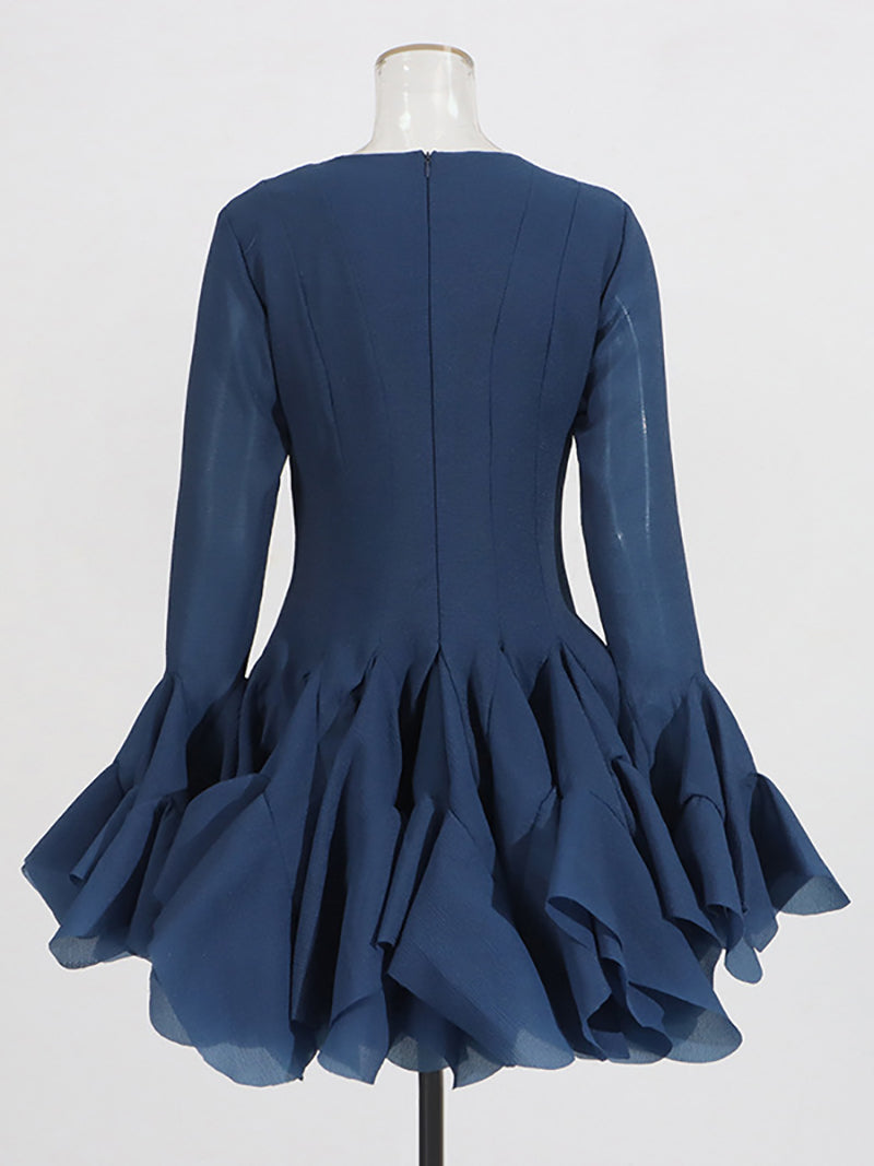 Elegant Mesh Flare Sleeve Ruffle Mini Dress