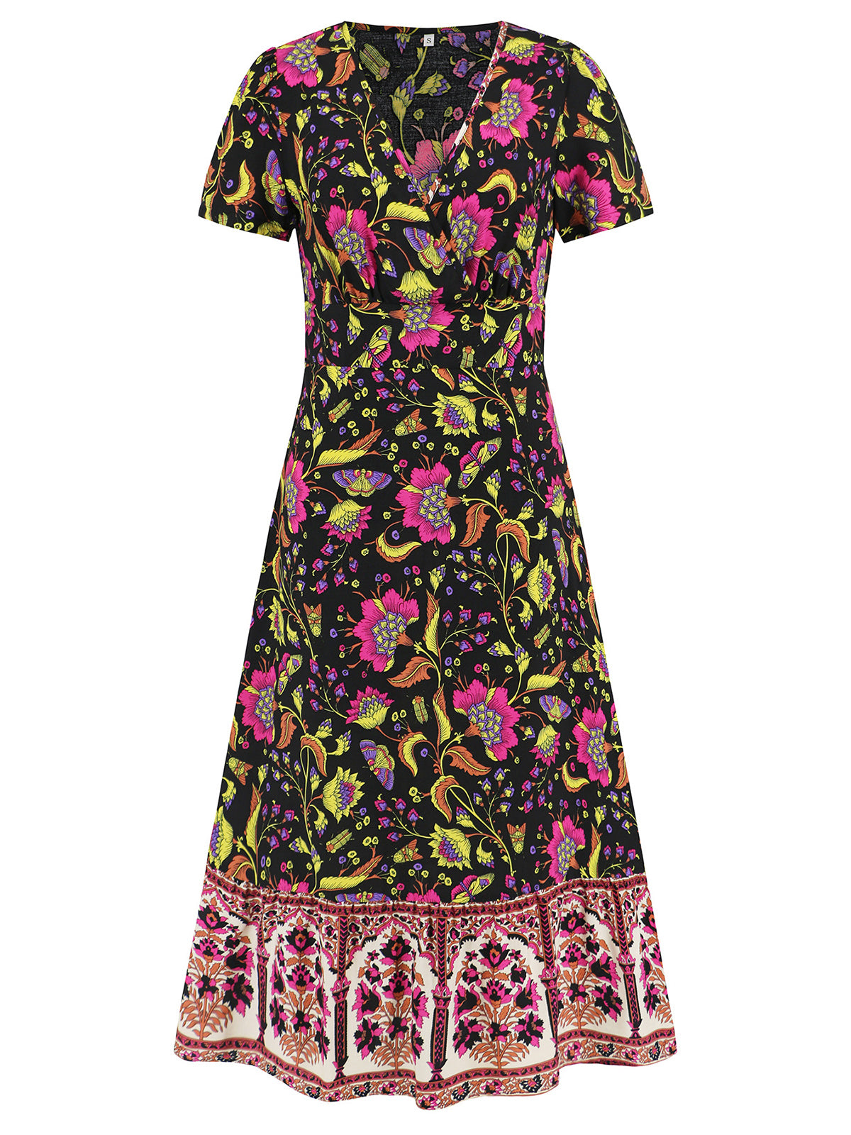 Casual V-neck Print Short Sleeve Slim Midi Dress