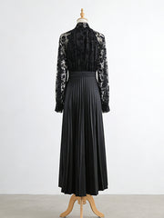 Fashion Hollow Embroidery Bow Lace-up Ruched Maxi Dress