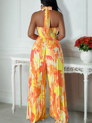 Halter Print Pleated Wide Leg Jumpsuit